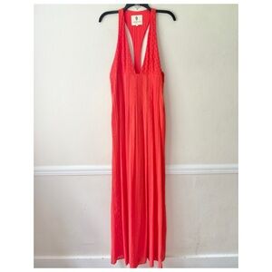 The Jetset Diaries Red Orange Eyelet Lace Deep V Racerback Maxi Dress